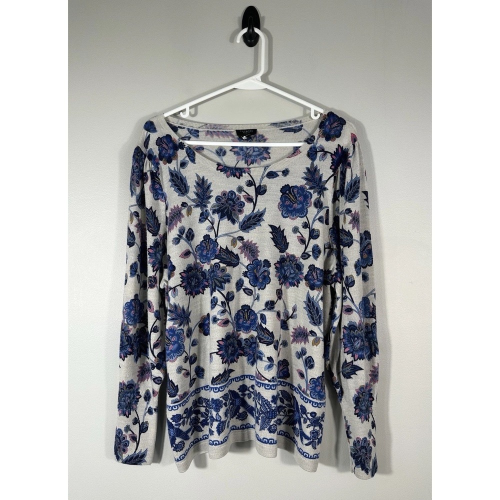 Talbots Sweater Size 2X Petite Blue Floral Birds Pure Merino Wool Read
